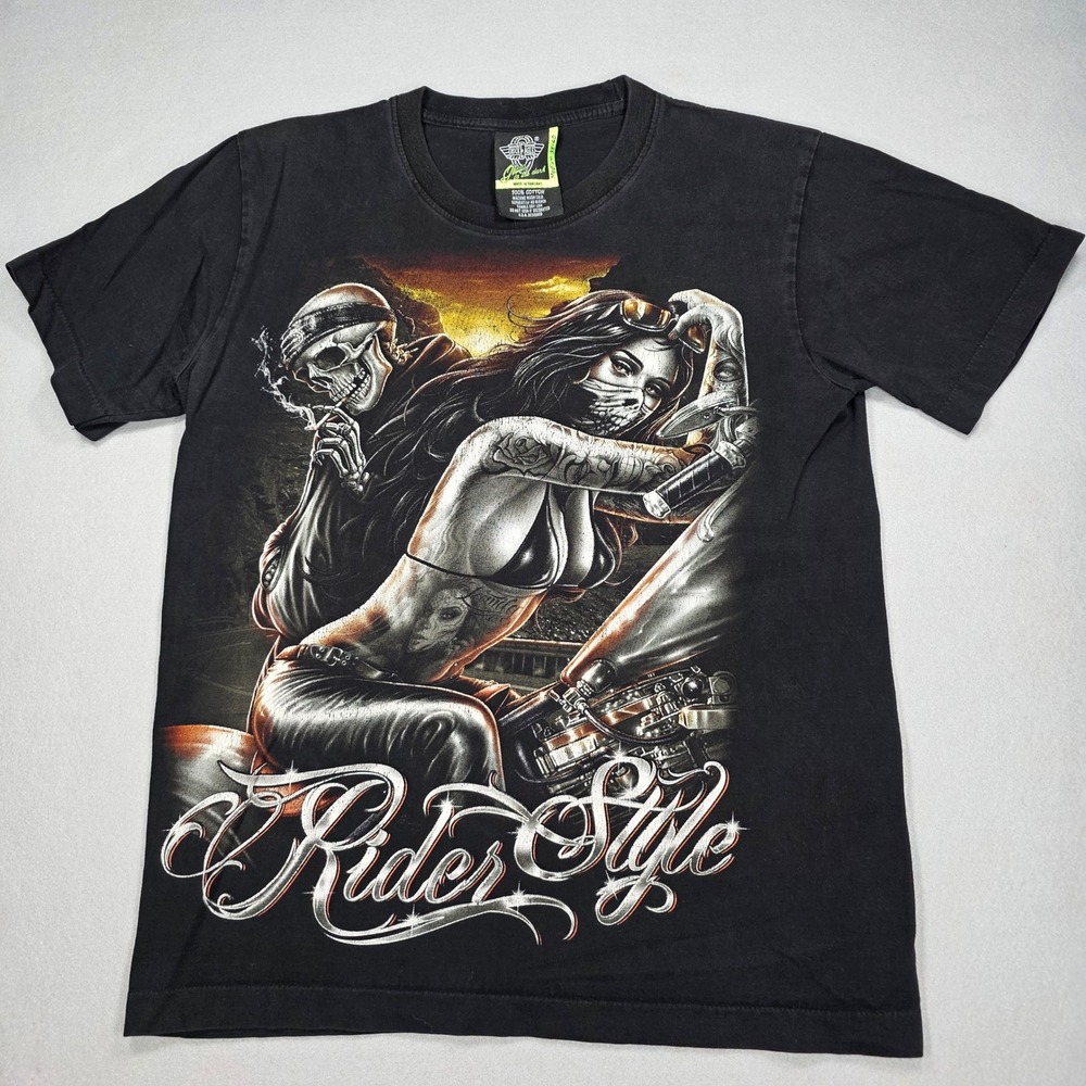 Rock Eagle Rider Style Glow in the Dark Biker Skeleton Tattoo Graphic Tee Black